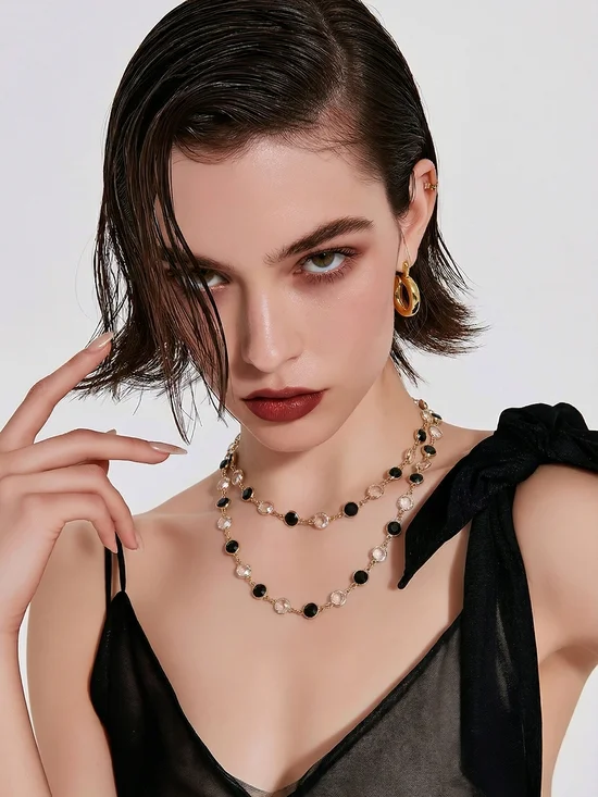 Swarovski Swan Signed Clear Black Bezel Crystals Gold Tone Necklace - Picture 1 of 6